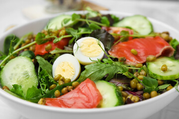 Bowl of salad with mung beans, closeup view