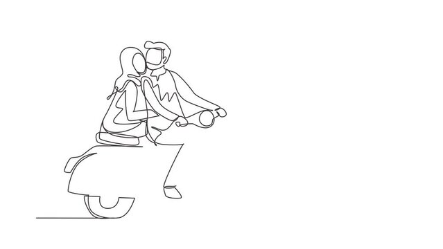 Animated self drawing of continuous line draw couple with scooter vintage, pre-wedding concept. Man woman with motorcycle, amorous relationship. Romantic road trip. Full length single line animation