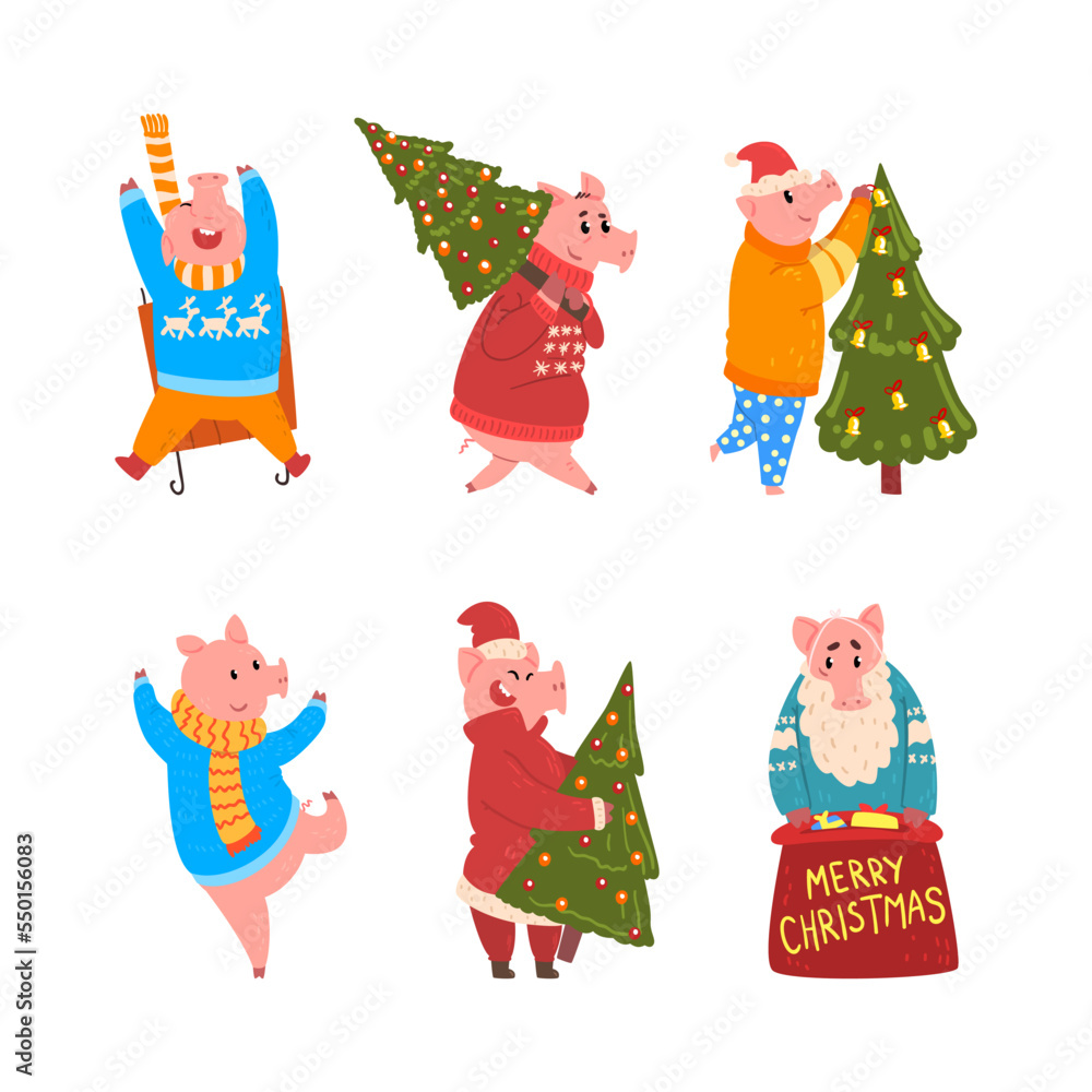 Canvas Prints pig christmas character wearing sweater and scarf with sack and fir tree vector set