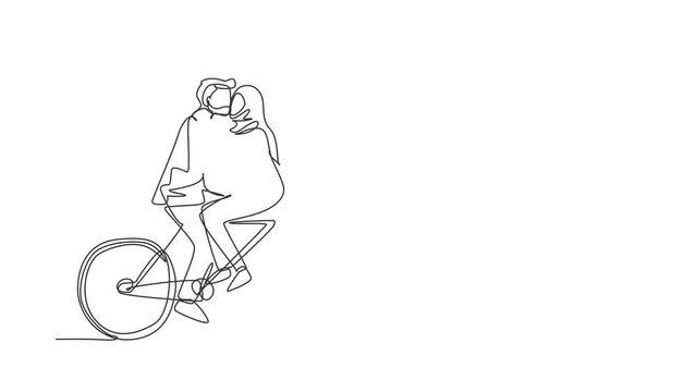 Self drawing animation of single line draw couple riding on bike. Man and woman cyclist hugging feeling love. Smiling people enjoying outdoors activity. Continuous line draw. Full length animated