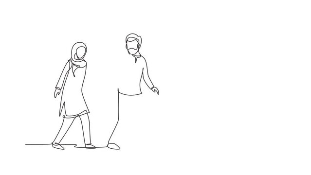 Animated self drawing of continuous line draw Arabian man pulled woman hand. Romantic couple walking on romantic honeymoon promenade holiday. Couple summer vacation. Full length single line animation