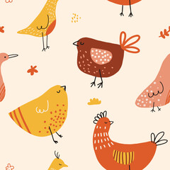 Vector seamless repeating pattern with hand drawn birds or hens.