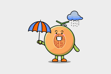 Cute cartoon Melon character in the rain and using an umbrella in flat modern style design