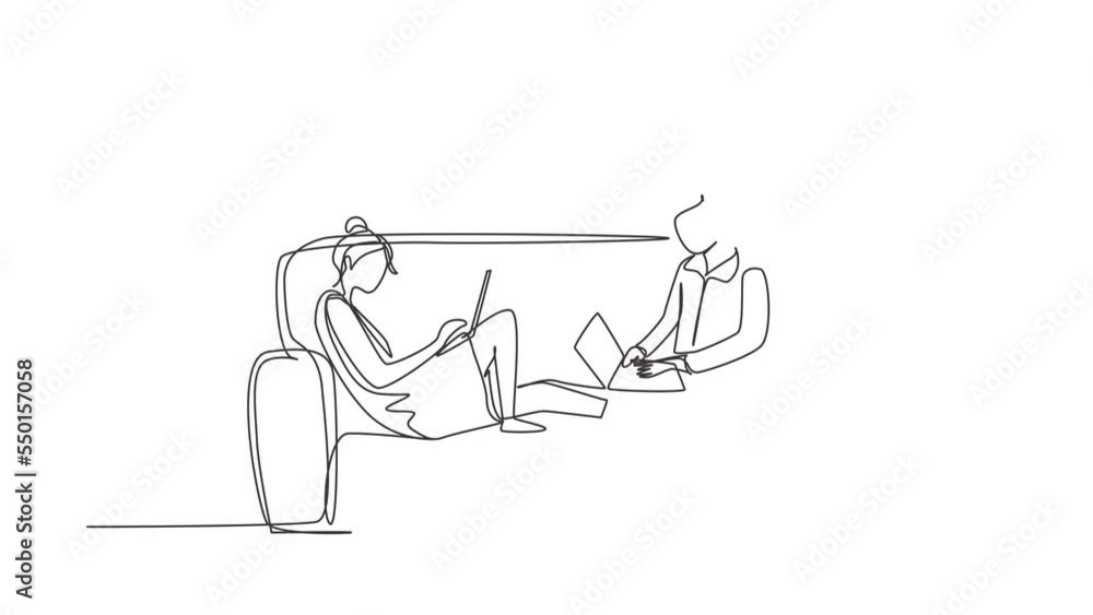 Poster animated self drawing of single continuous line draw young couple using laptop on sofa and obsessed 