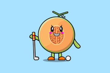Cute cartoon Melon character playing golf in concept flat cartoon style illustration