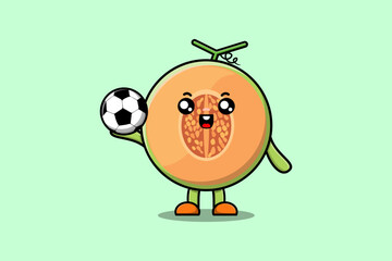 Cute cartoon Melon character playing football in flat cartoon style illustration
