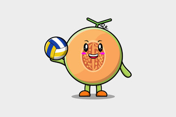 Cute cartoon Melon character playing volleyball in flat cartoon style illustration