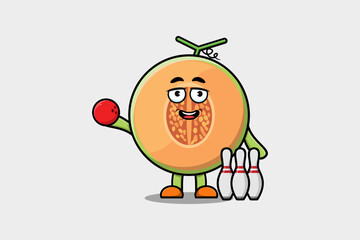 Cute cartoon Melon character playing bowling in flat modern style design illustration