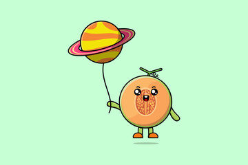 Cute cartoon Melon floating with planet balloon cartoon vector illustration 