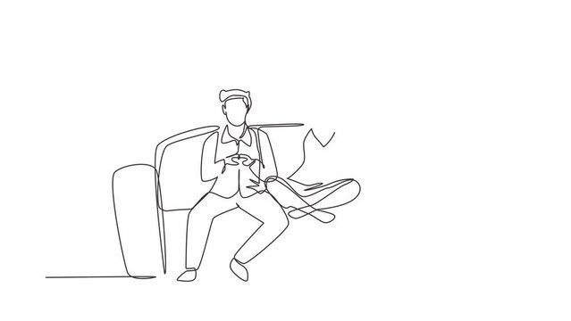 Animated self drawing of continuous line draw young family couple sitting on sofa playing computer games on gaming console and watching tv set. Home leisure spare time. Full length one line animation