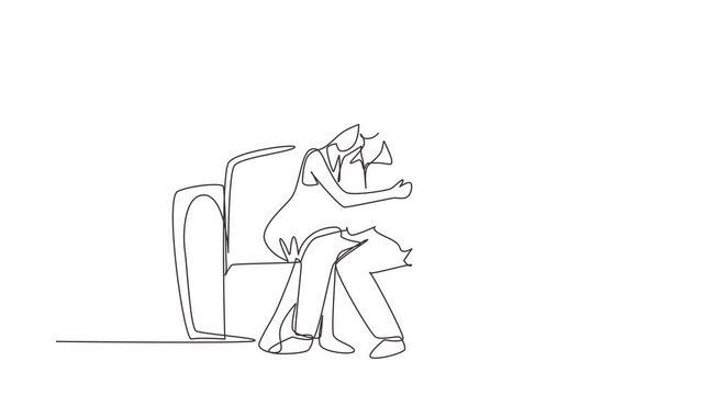 Animated self drawing of continuous line draw tired couple. Man woman relax on sofa at home. Male hugs female. Joy cute adults. Cozy living room. Happy family life. Full length one line animation