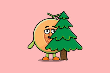 Cute cartoon Melon character hiding tree in flat modern design in modern style design