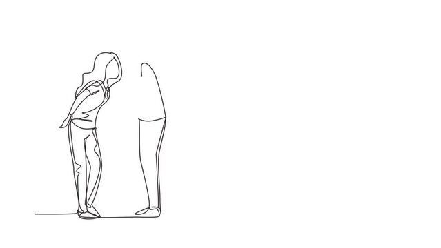 Continuous one line drawing cute boy and girl kissing with holding bouquet of flowers. Kissing couple of young lovers. Romantic couple in love. Single line draw design vector graphic illustration