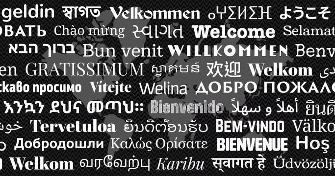 Loop animation of Sliding "Welcome" Greeting Messages in World Different Written Languages, White Texts on World Map Black Background for Digital Display Travel Welcoming Board