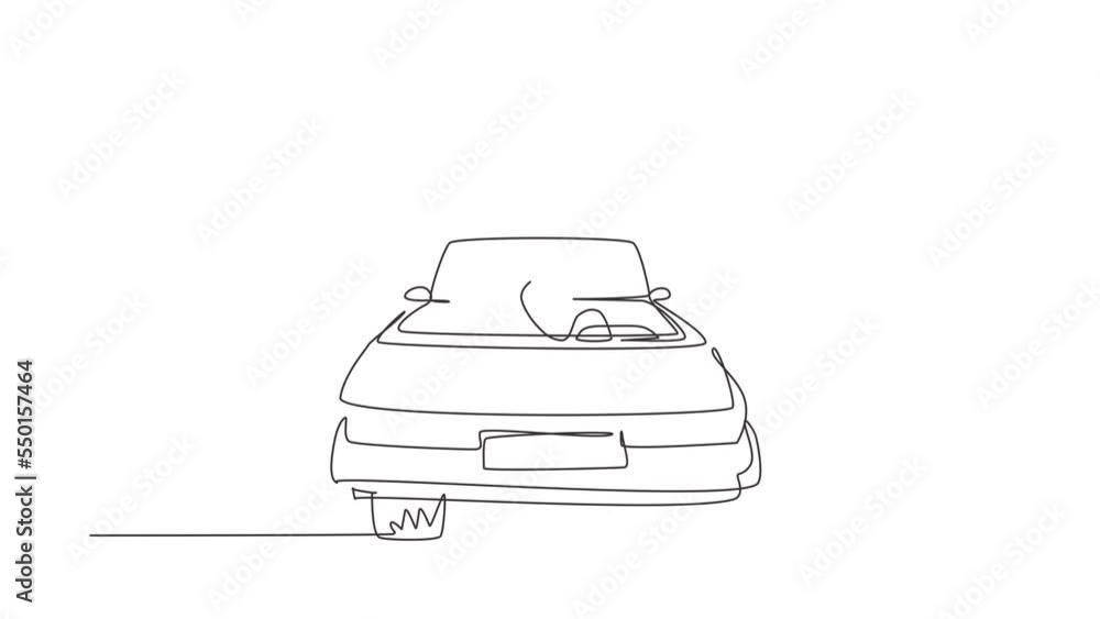 Poster animated self drawing of continuous line draw back view couple sitting, hugging in convertible car. 