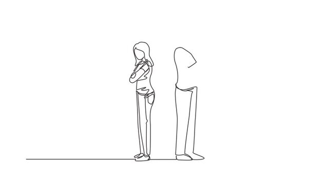 Animated self drawing of single continuous line draw divorced couple or couples are angry. Relationship break up, broken heart, couple facing opposite direction. Full length one line animation