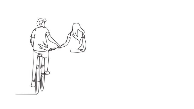 Self drawing animation of single line draw couple ride bicycles in meadow back to camera, holding hands. Young man, woman in love. Romantic married couple. Continuous line draw. Full length animated