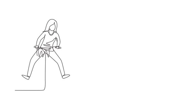 Self drawing animation of single line draw happy woman in casual clothes riding bicycle. Healthy and sport lifestyle. Ecological vehicle of transportation. Continuous line draw. Full length animated