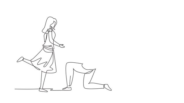 Animated self drawing of continuous line draw man kneeling offering engagement ring to his girlfriend. Guy on knees proposing girl to marry. Marriage proposal concept. Full length one line animation