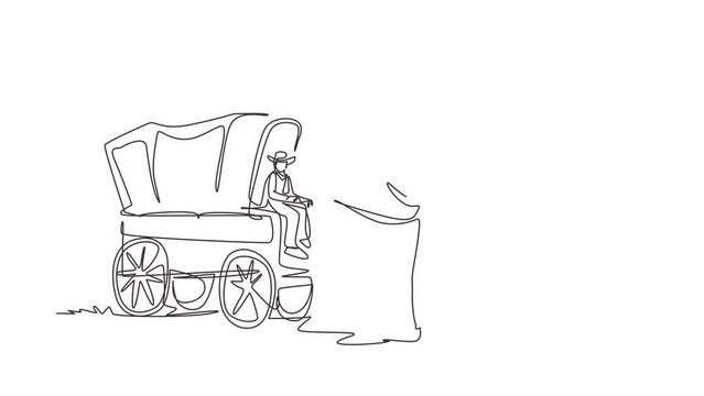 Self drawing animation of single line draw western stagecoach with horses. Wild west covered wagons and cowboy in desert landscape. Western with old wagon. Continuous line draw. Full length animated