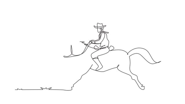 Animated self drawing of continuous line draw the wild west and desert with cowboy riding horse. Mustang and person outdoor at sunset. Cowboy and horse icon or logo. Full length single line animation
