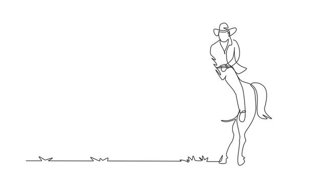 Animated self drawing of single continuous line draw cowboy silhouette riding horse at sunset. Wild west hero, Mustang and person outdoor, cowboy and horse icon or logo. Full length one line animation