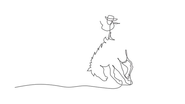 Animated self drawing of continuous line draw cowboy riding bucking bronco at sunset. Rodeo cowboy at horse ranch. Wild horse race. Cowboy taming wild horse at rodeo. Full length single line animation