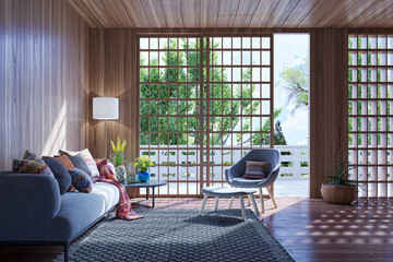 Illustration 3D rendering large luxury modern bright interiors Living room mockup computer digitally generated image