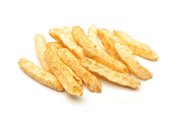 a pile of french fries on white background