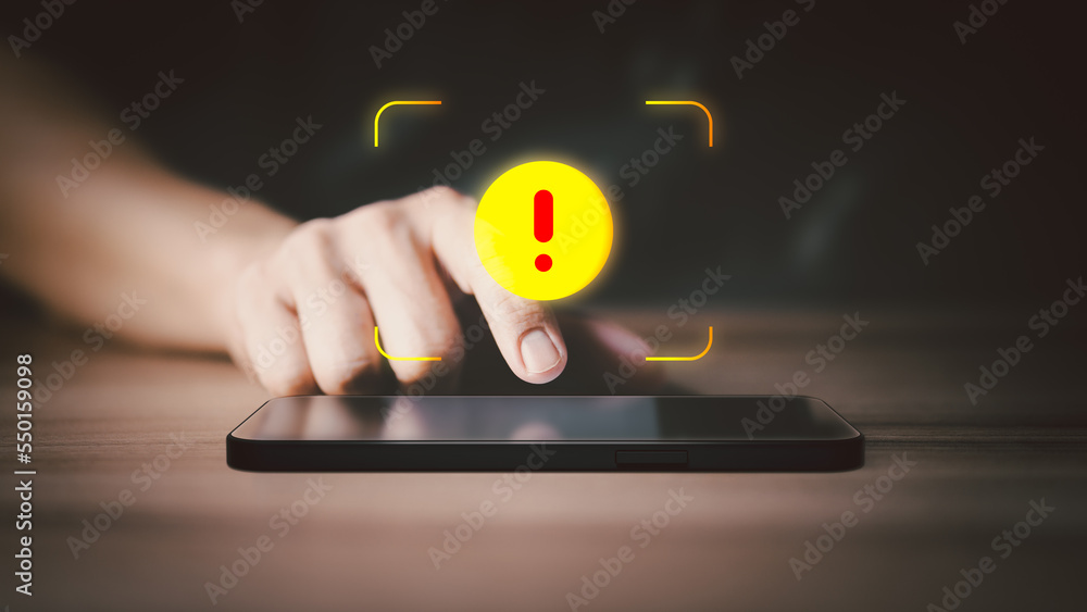 Poster Man using smartphone on social media with exclamation mark for error notification and maintenance concept.