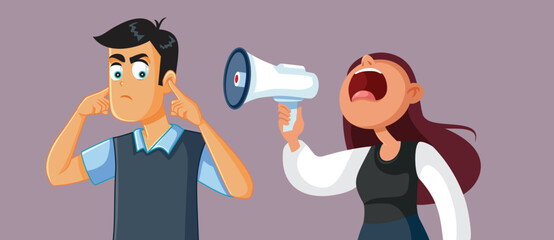Woman Screaming in a Loudspeaker in Couple Fight Concept Illustration. Couple fighting ending up in divorce and separation
