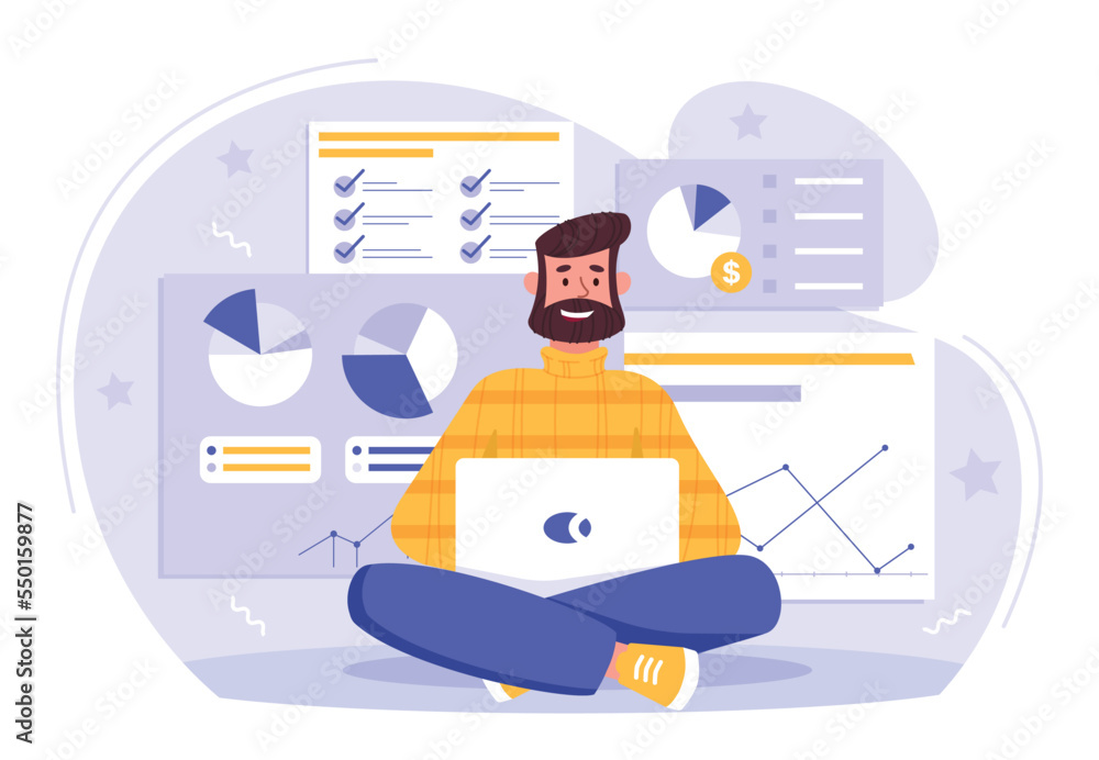 Poster multitasking man concept. young guy with laptop on background of graphs and charts. analysis of stat