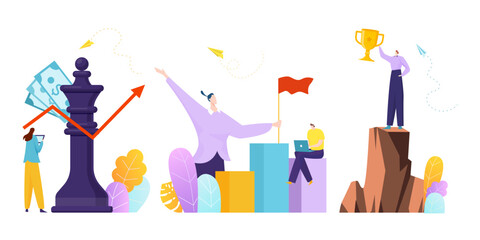 Businessman tiny people together work, business strategy company, human hold cup and laptop flat vector illustration, isolated on white.