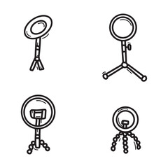 Ring light doodle style icon set, selfie lamp concept, phone mount gadget hand drawn vector icons, phone holder emblems, ringlight symbols isolated on white background