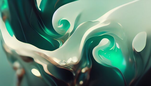 Abstract emerald and green paint splatter background. Fluid shapes, dynamic composition. Design element. 
