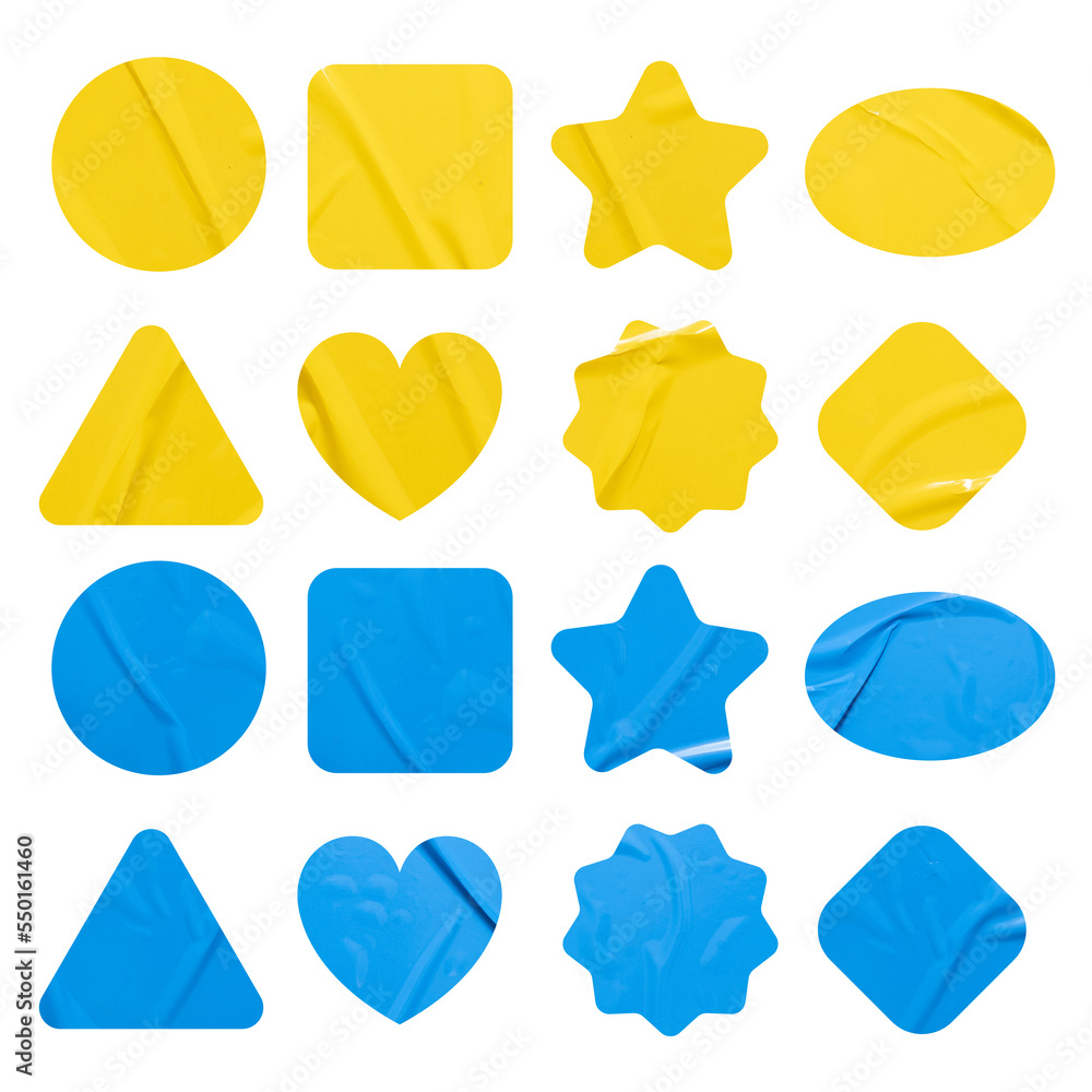 Poster set of yellow and blue stickers paper stickers mock up. blank tags labels of different shapes, isola