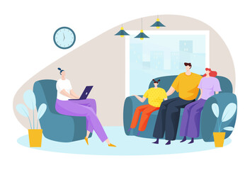 Professional woman character psychologist heal mental problem, lovely friendly family doctor visit flat vector illustration, isolated on white.