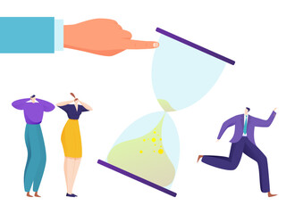 Fototapeta premium Businessman push hourglass, tiny business people character deadline time management flat vector illustration, isolated on white.