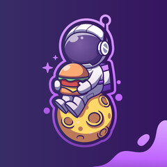 Cute Mascot Astronaut Eating Burgers While Seated On The Moon. Cartoon Vector Icon Illustration. Spaceman Mascot Cartoon Character. Flat Cartoon Style, sticker, and Card