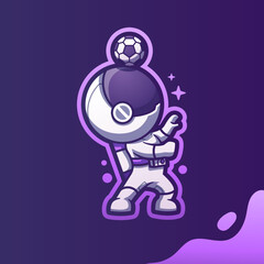 Cute Mascot Astronaut Playing Football Soccer Cartoon Vector Icon Illustration. Cartoon Vector Icon Illustration. Spaceman Mascot Cartoon Character. Flat Cartoon Style, sticker, and Card