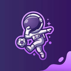 Cute Mascot Astronaut Playing Football Soccer Cartoon Vector Icon Illustration. Cartoon Vector Icon Illustration. Spaceman Mascot Cartoon Character. Flat Cartoon Style, sticker, and Card