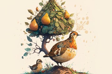 Twelve Days of Christmas Illustration - A Partridge in a Pear Tree - obrazy, fototapety, plakaty
