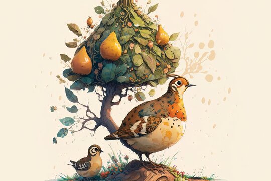Twelve Days of Christmas Illustration - A Partridge in a Pear Tree