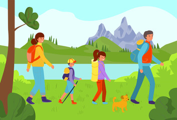Friendly family outdoor hobby hiking time spend, people character together forest landscape stroll flat vector illustration.