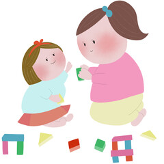 幼い姉妹がつみきで遊ぶ風景