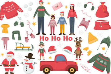 Christmas and New Year decorative elements. Cute Christmas characters, family, Santa, snowman, deer, elf. Vector illustration\