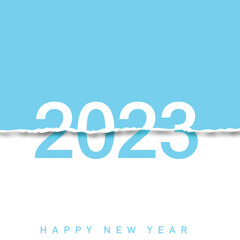 2023 Happy New Year greeting card with torn paper. Vector