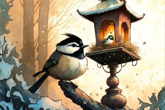 Illustration Of Black Capped Chickadee And Fancy Bird House