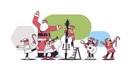 elves with musical instruments santa helpers playing guitar and trumpet happy new year christmas holidays celebration