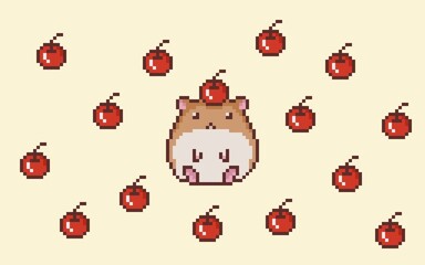 Fototapeta premium Pixel art of hamster cartoon with red apple above head and pastel soft color, red apples background. Cute brown hamtaro. Animal pixel art game character, can be used for wallpaper or background.